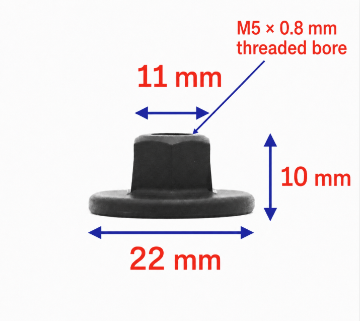 Écrous hexagonaux à embase en plastique noir pour automobile M5 x 0,8 - Hexagone de 11 mm, embase de 22 mm