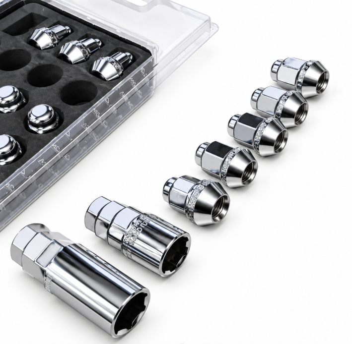 A set of shiny chrome wheel lug nuts with matching hex sockets, shown with a clear plastic case containing additional nuts on a clean white background.