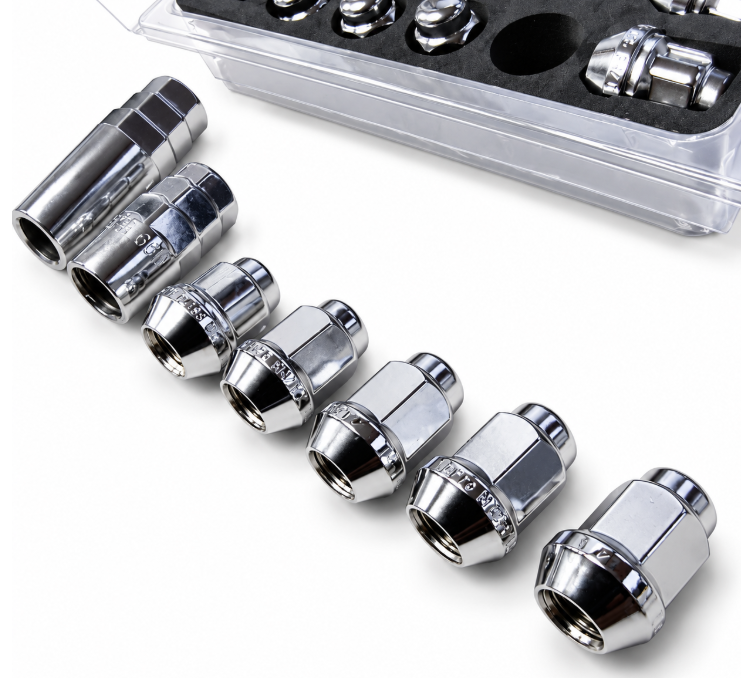 MID Maruka chrome wheel nuts in a diagonal row, showing conical seats beside the locking key and long adaptor and robust case