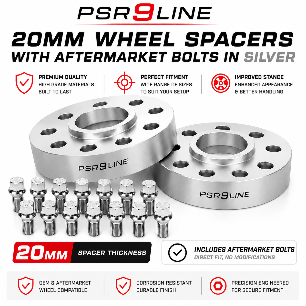 2 Porsche Wheel Spacers + Extended Aftermarket Bolts 7mm / 10mm / 15mm / 20mm Kits Silver or Black 5x130 PSR9Line