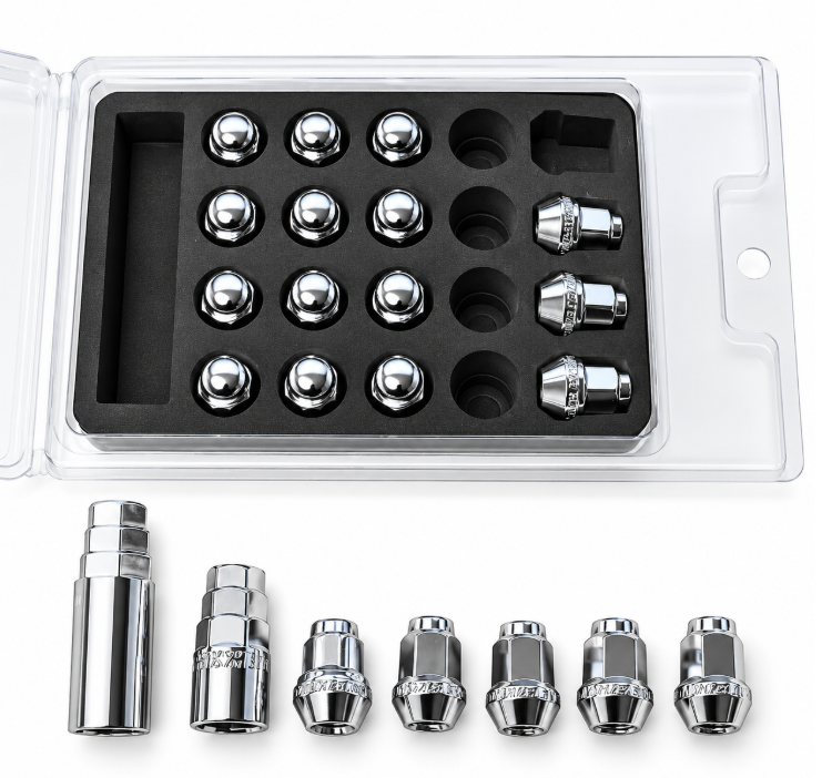 MID Maruka chrome wheel nuts with locking key and long socket adaptor beside the open storage case