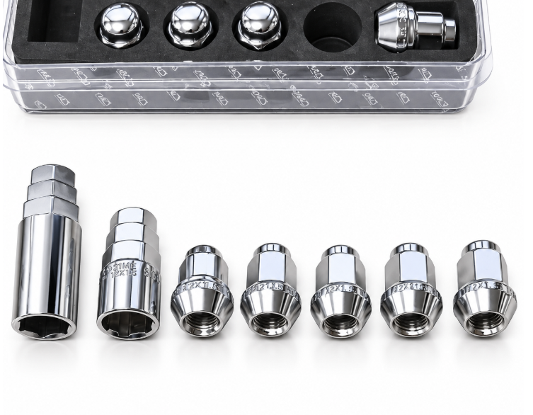 MID Maruka chrome wheel nuts showing threaded openings and conical seats, alongside locking key and long adaptor