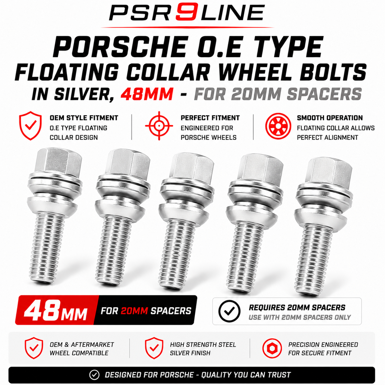 Porsche OE Type Wheel Bolts for Standard Wheels & Spacers