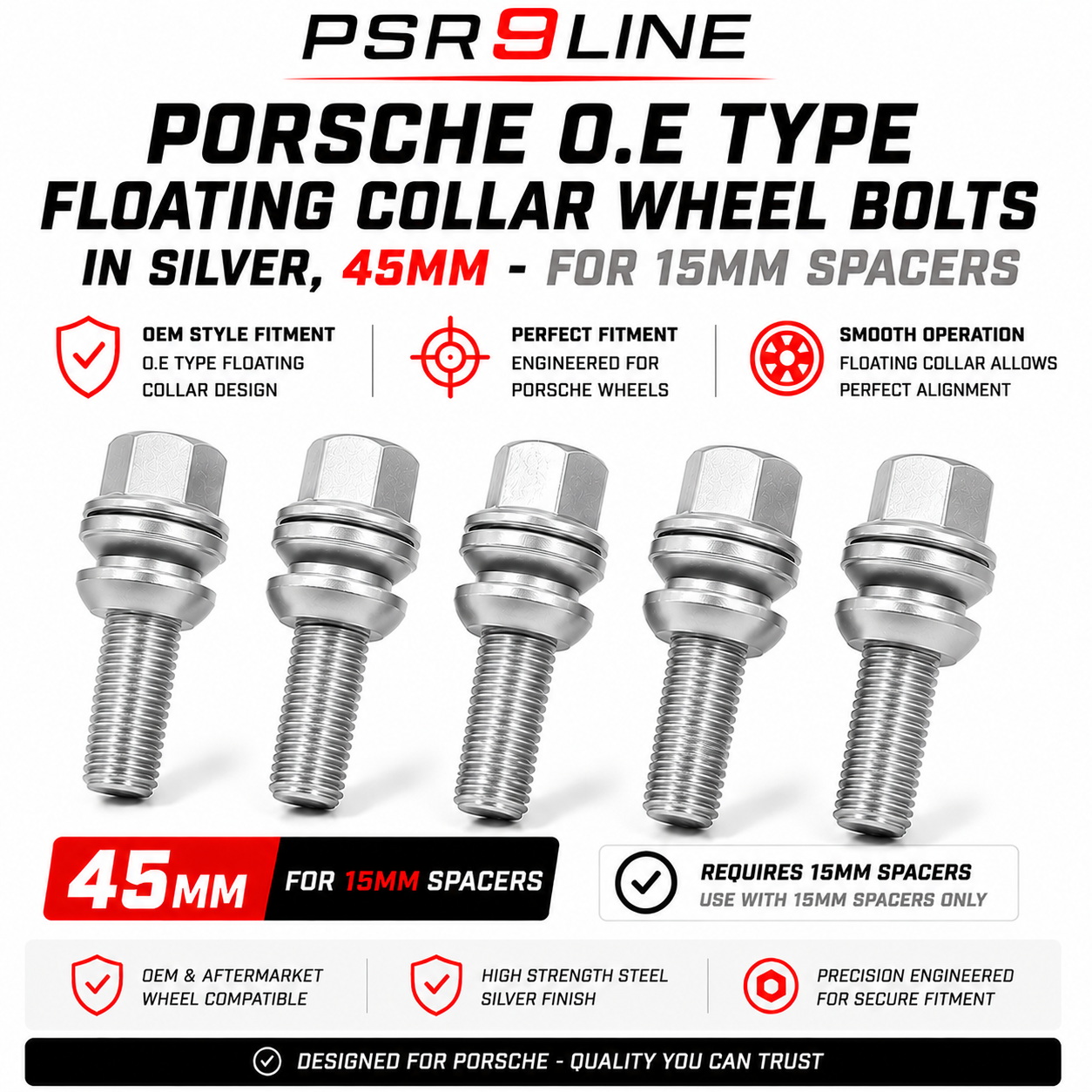 Porsche OE Type Wheel Bolts for Standard Wheels & Spacers