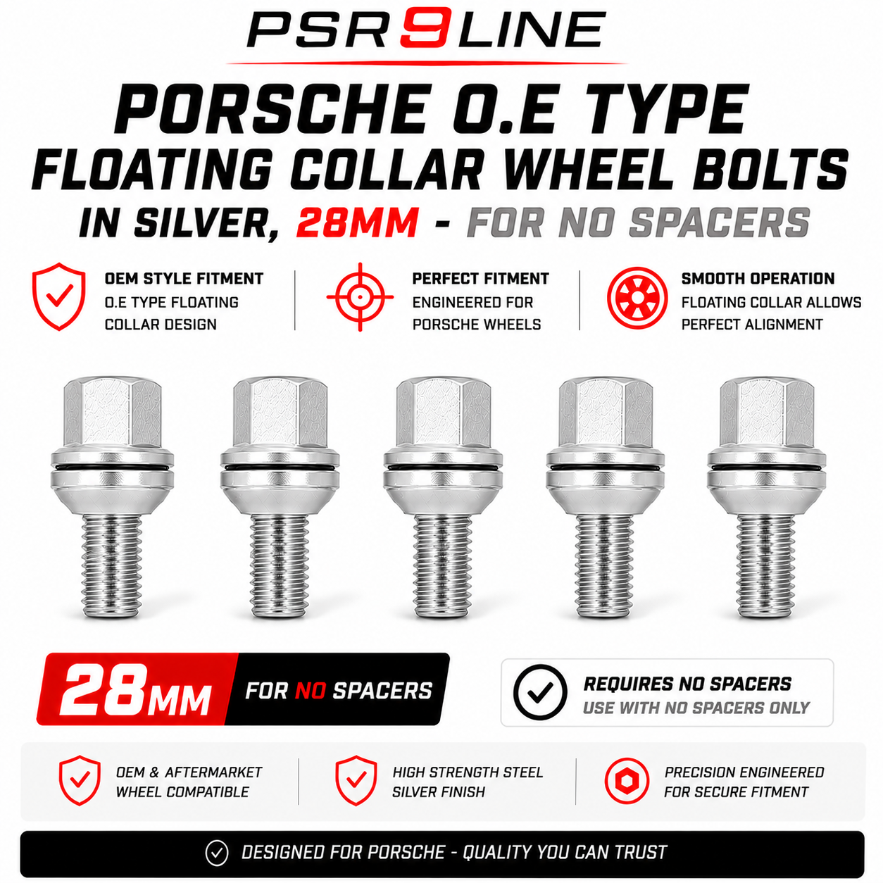Porsche OE Type Wheel Bolts for Standard Wheels & Spacers