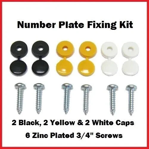 Number Plate Fitting Kit Set, Screws & Caps White Yellow Black For UK Vehicles.19