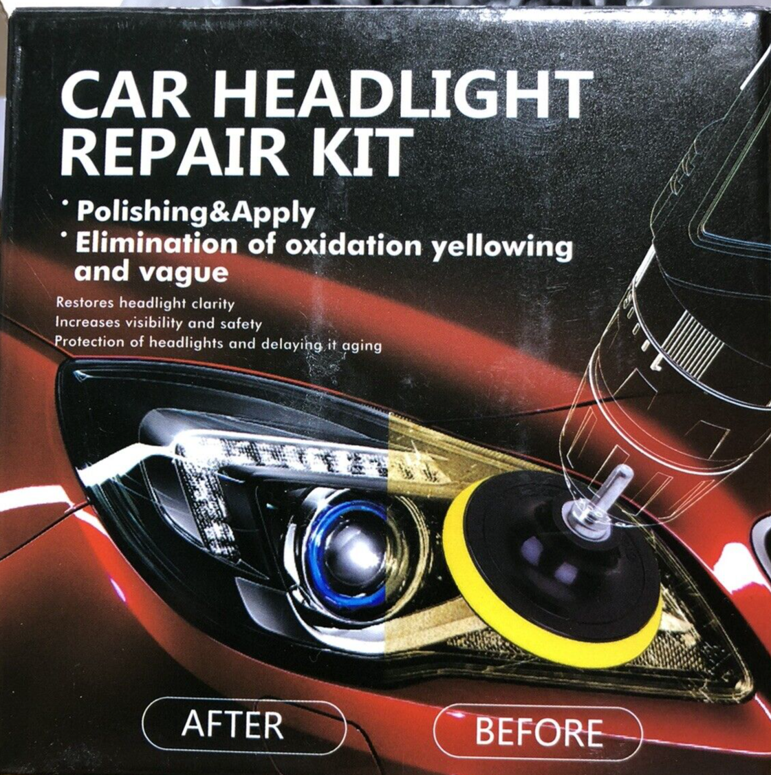 Car headlight repair kit with buffing pads and sealant0