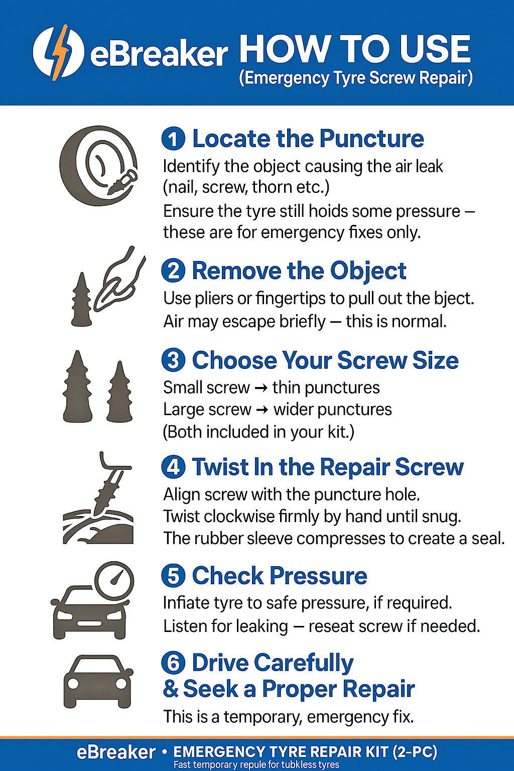Emergency Tyre Puncture Repair Screws Kit – Quick Twist-In Plugs Fix Air Leaks 24