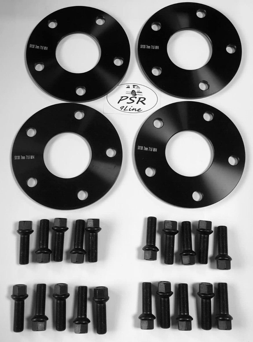 Porsche Wheel Spacers 7mm + Extended AF Bolts Set Of 4 in Black 5x130 PSR9Line8