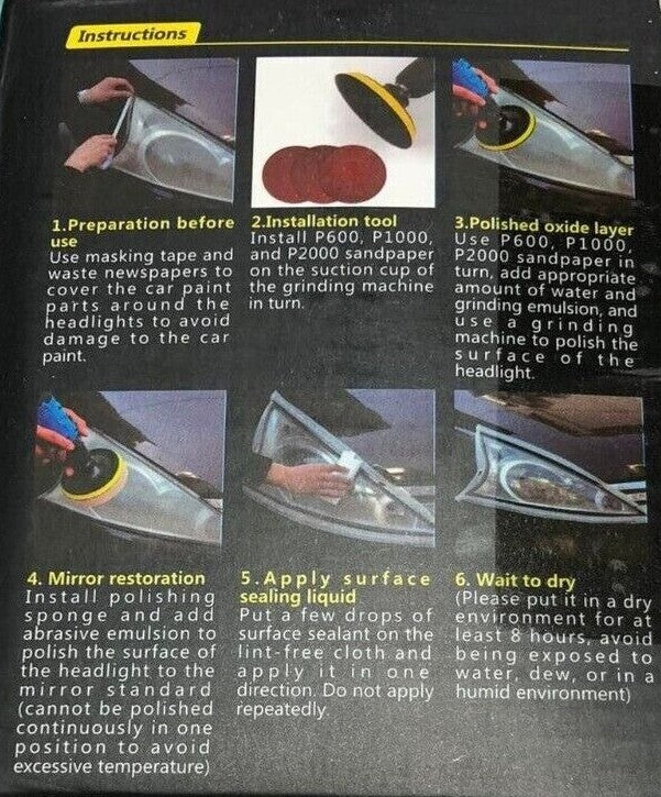 CAR HEADLIGHT REPAIR RESTORATION KIT With POLISH SEALERS BUFFING WHEEL TAPE DISC2