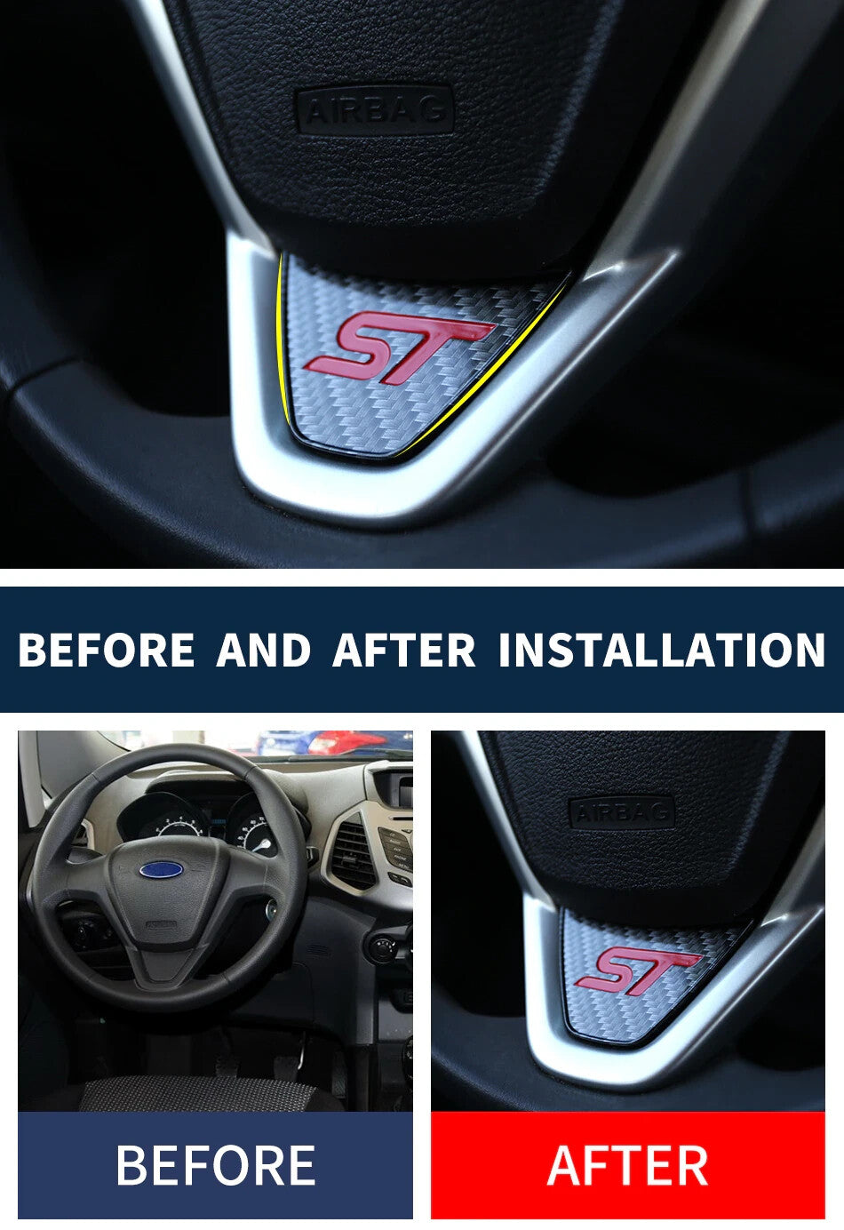 Ford Ecosport Carbon Fibre Effect Steering Wheel Badge Trim Red ST 2013 - 20177