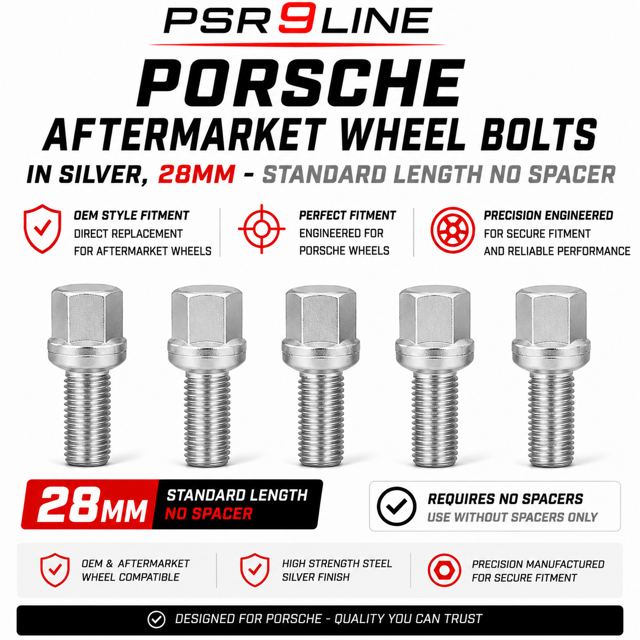 Porsche Aftermarket Wheel Bolts for Standard Wheels & Spacers