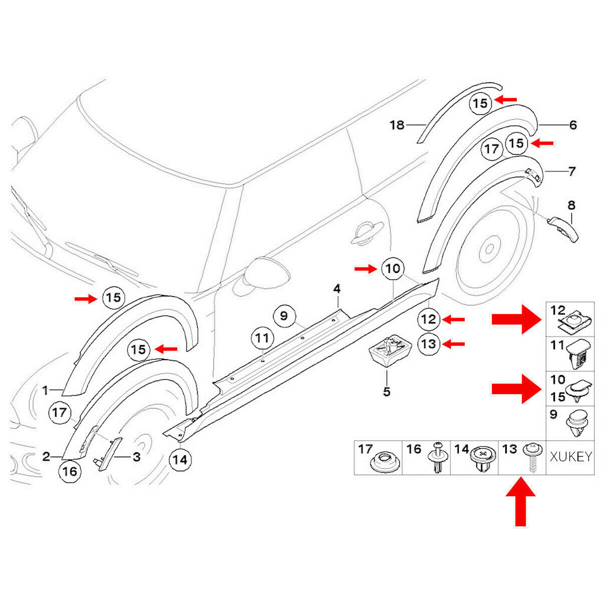 MINI BMW Wheel Arch Side Skirt Trim Clips x10, 2001-2014 R50 R53 R55 R56 R57 R584