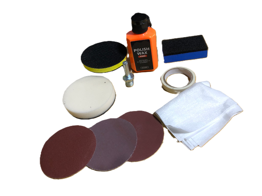 Car headlight repair kit with buffing pads and sealant2