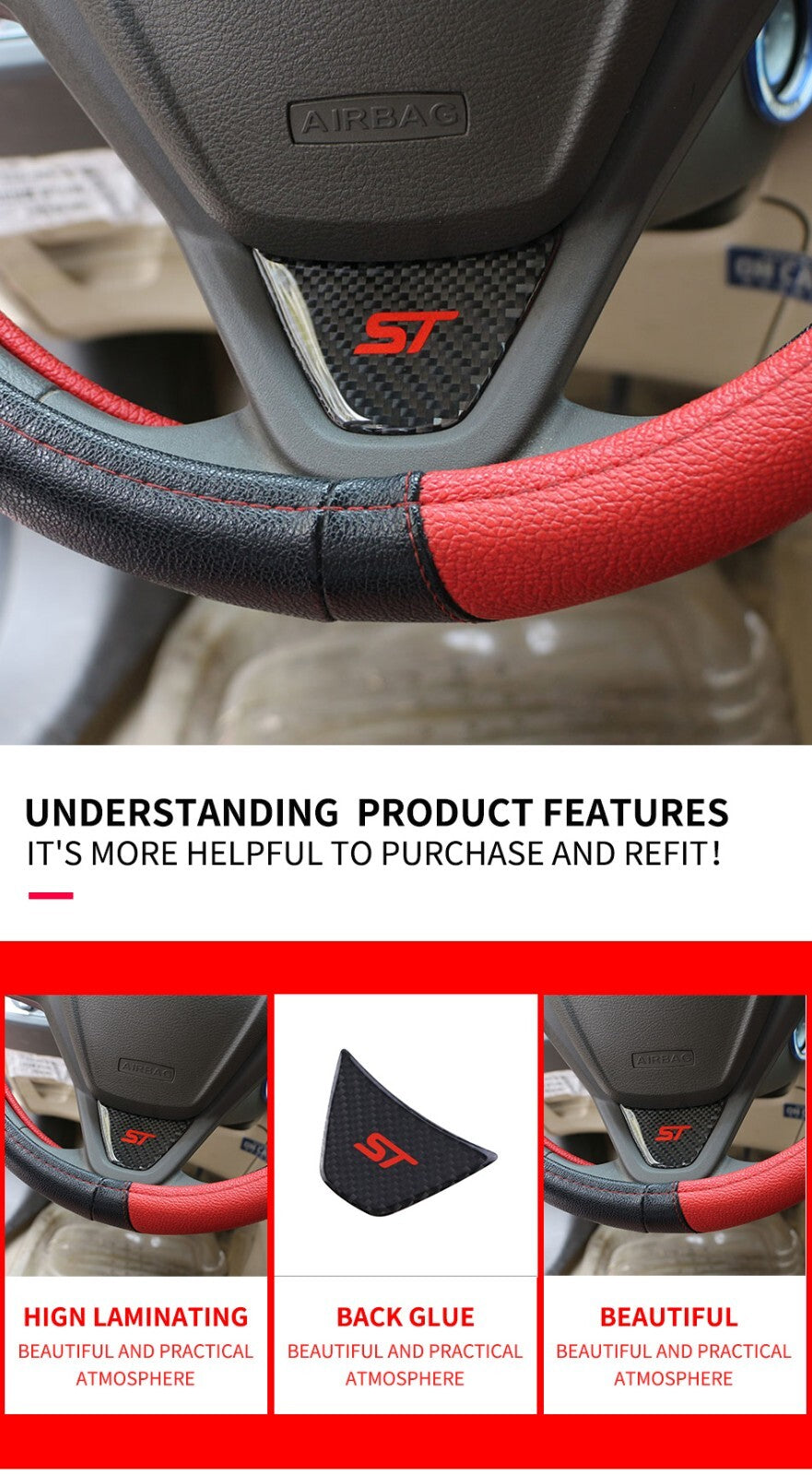 Ford Ecosport Carbon Fibre Effect Steering Wheel Badge Trim Red ST 2013 - 20179