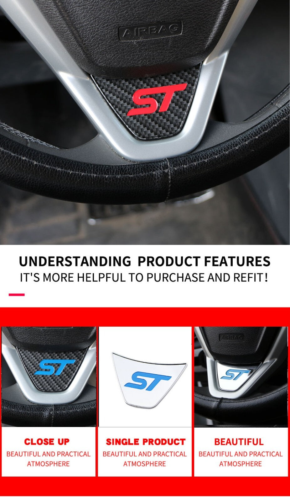 Ford Fiesta ST MK7 MK7.5 Carbon Fibre Effect Steering Wheel Badge Trim Red ST2