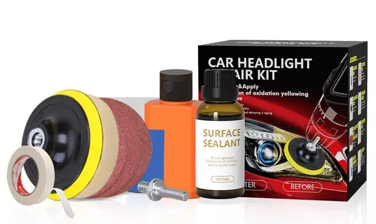 Car headlight repair kit with buffing pads and sealant1