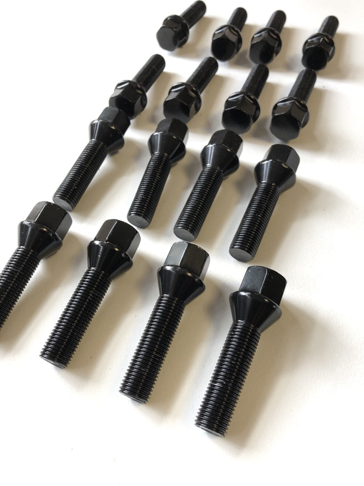 16 Black Extended Wheel Bolts 45mm Thread  M14 x 1.5 Hex Head Tapered Cone0