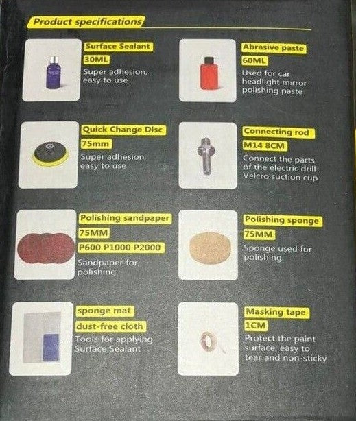 Car headlight repair kit with buffing pads and sealant3