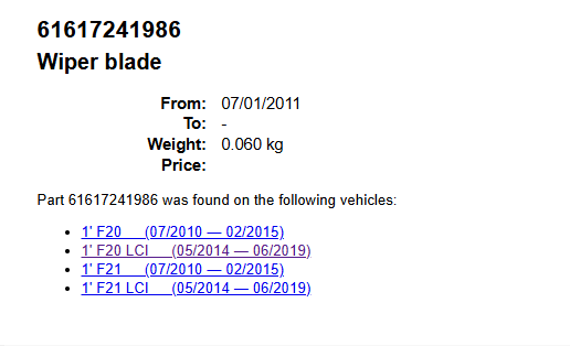 Rear Wiper Blade Refill BMW 1 Series Hatchback F20 & F21 From  2010 Onwards1