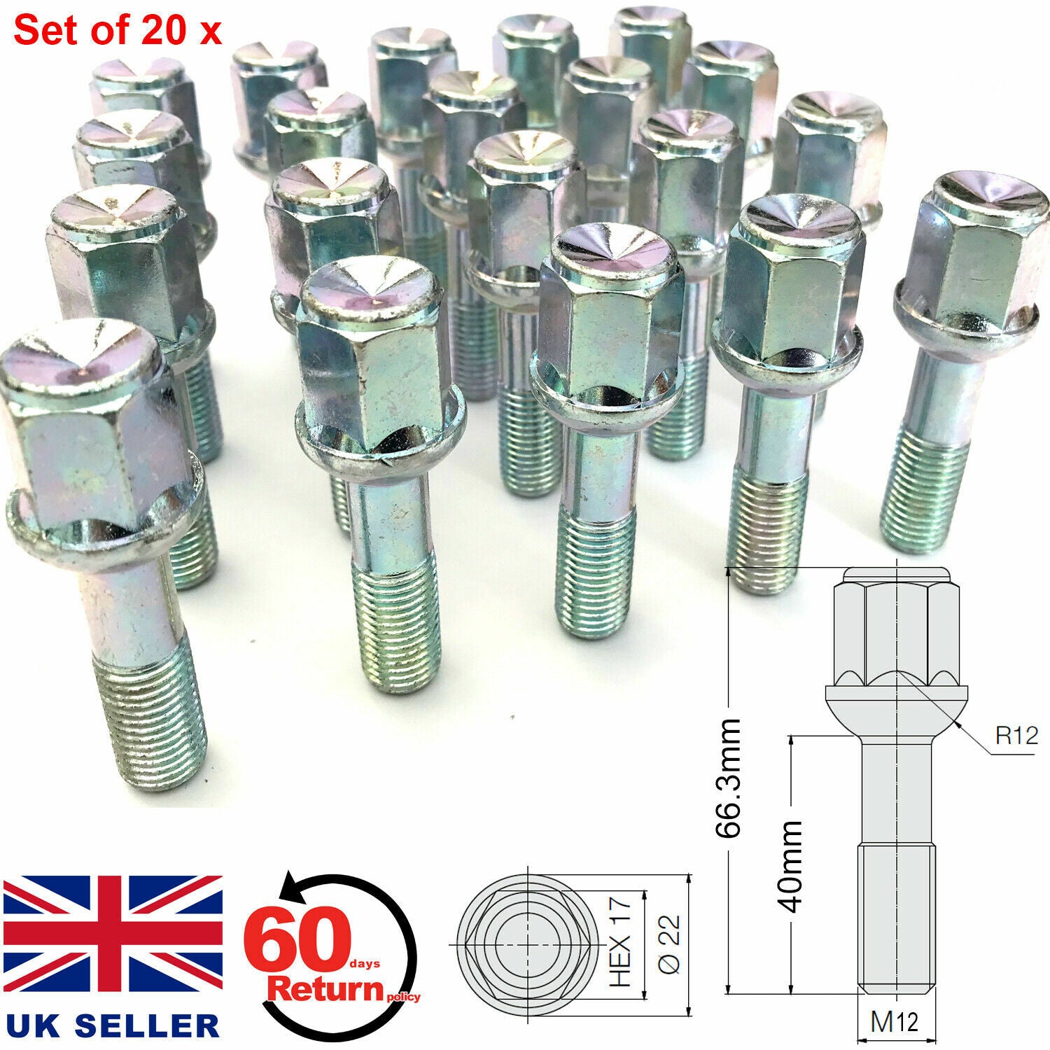 Mercedes Benz Alloy Wheel bolts for Older Models M12x1.5 40mm 17mm x20pcs1