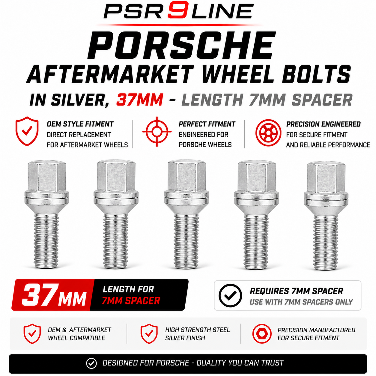 Porsche Aftermarket Wheel Bolts for Standard Wheels & Spacers