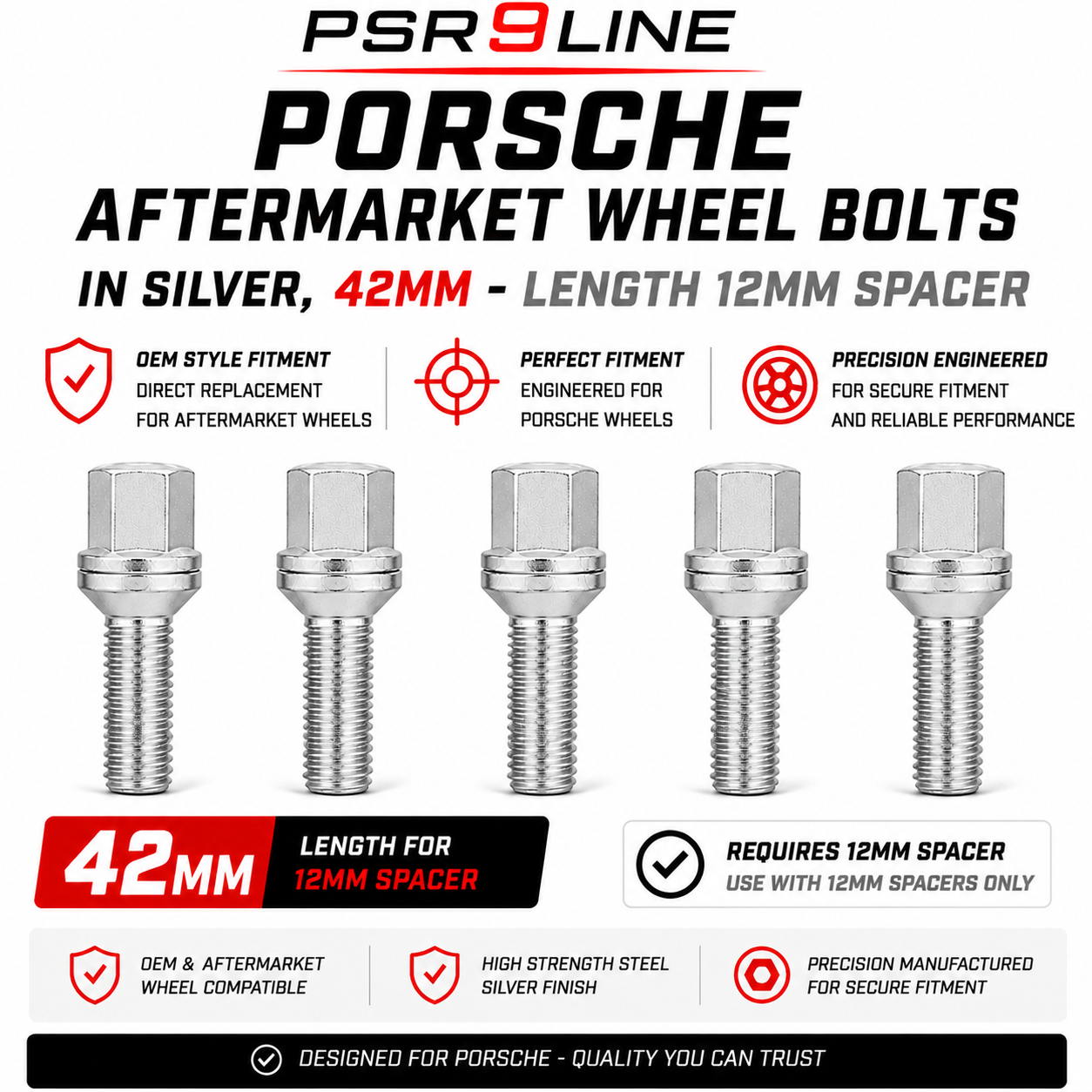 Porsche Aftermarket Wheel Bolts for Standard Wheels & Spacers