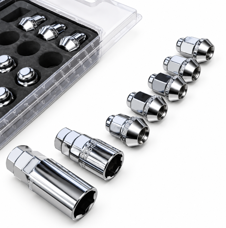 MID Maruka chrome wheel nuts with four security-style nuts and two adaptors, one long and one short, beside the open case