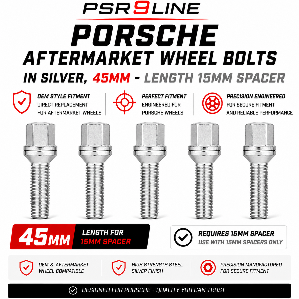 Porsche Aftermarket Wheel Bolts for Standard Wheels & Spacers