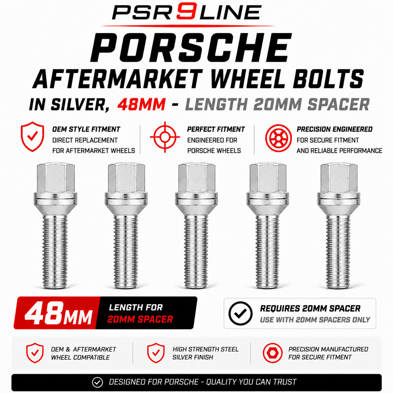 Porsche Aftermarket Wheel Bolts for Standard Wheels & Spacers