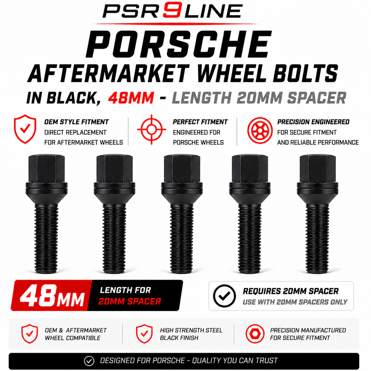Porsche Aftermarket Wheel Bolts for Standard Wheels & Spacers