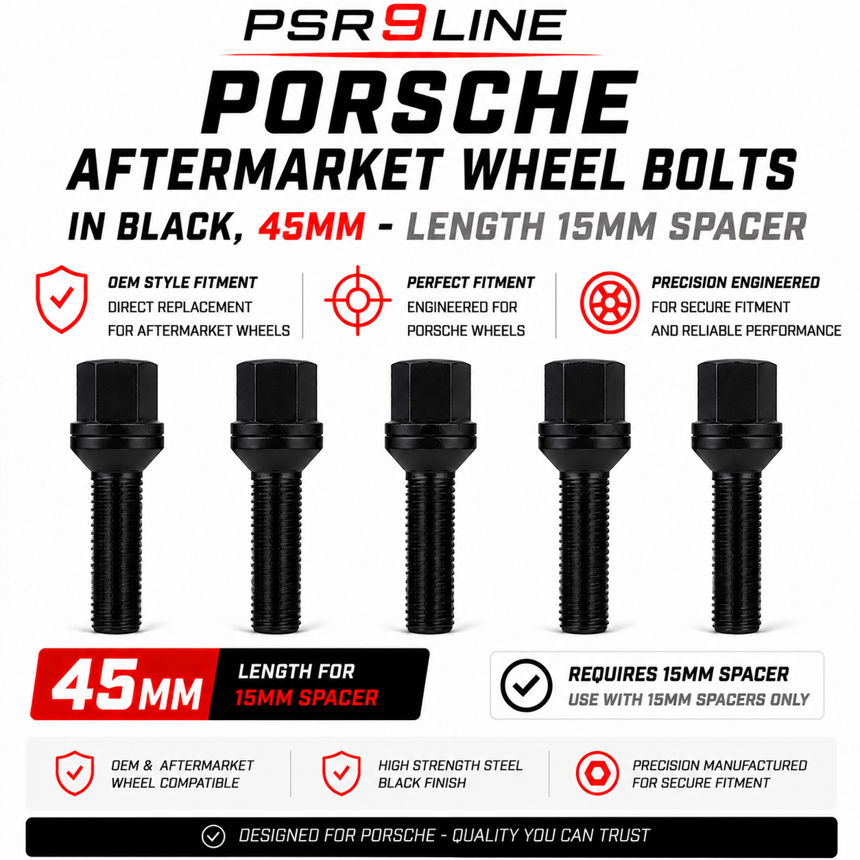 Porsche Aftermarket Wheel Bolts for Standard Wheels & Spacers