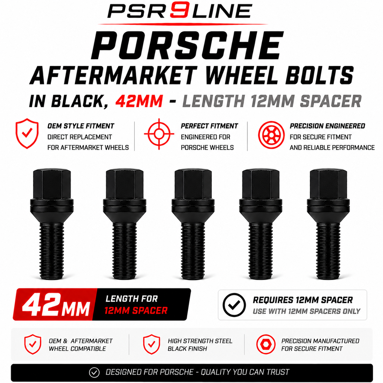 Porsche Aftermarket Wheel Bolts for Standard Wheels & Spacers