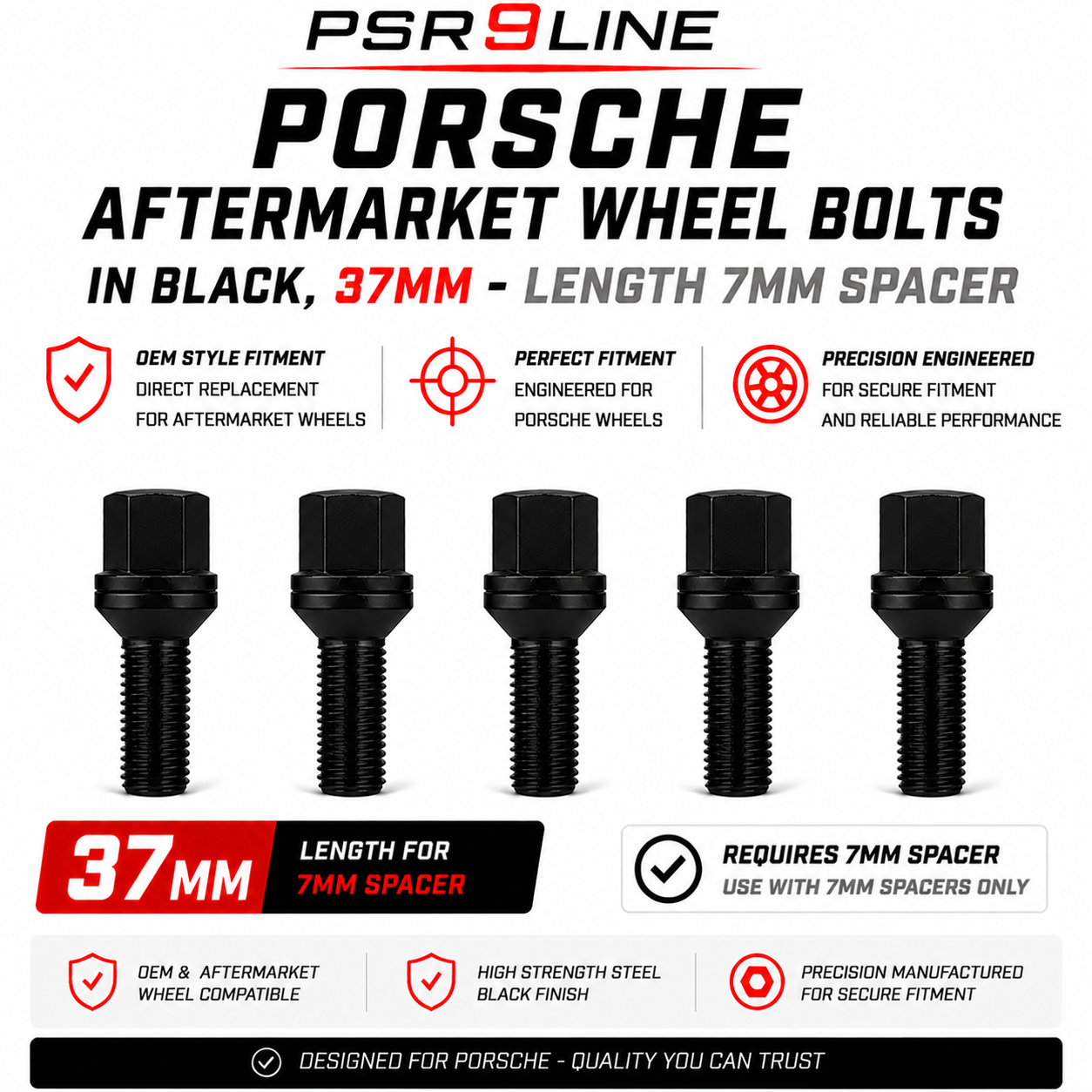 Porsche Aftermarket Wheel Bolts for Standard Wheels & Spacers