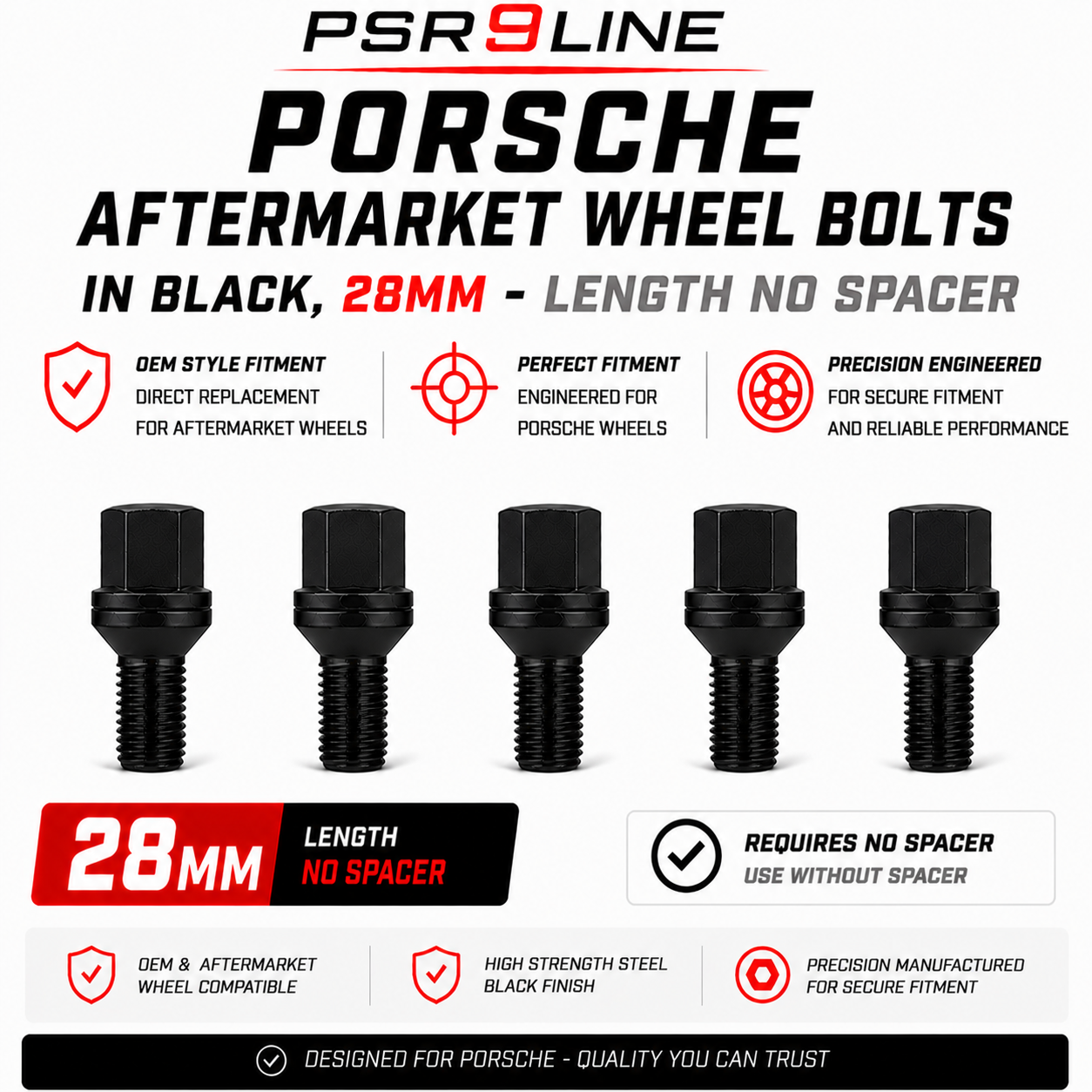 Porsche Aftermarket Wheel Bolts for Standard Wheels & Spacers