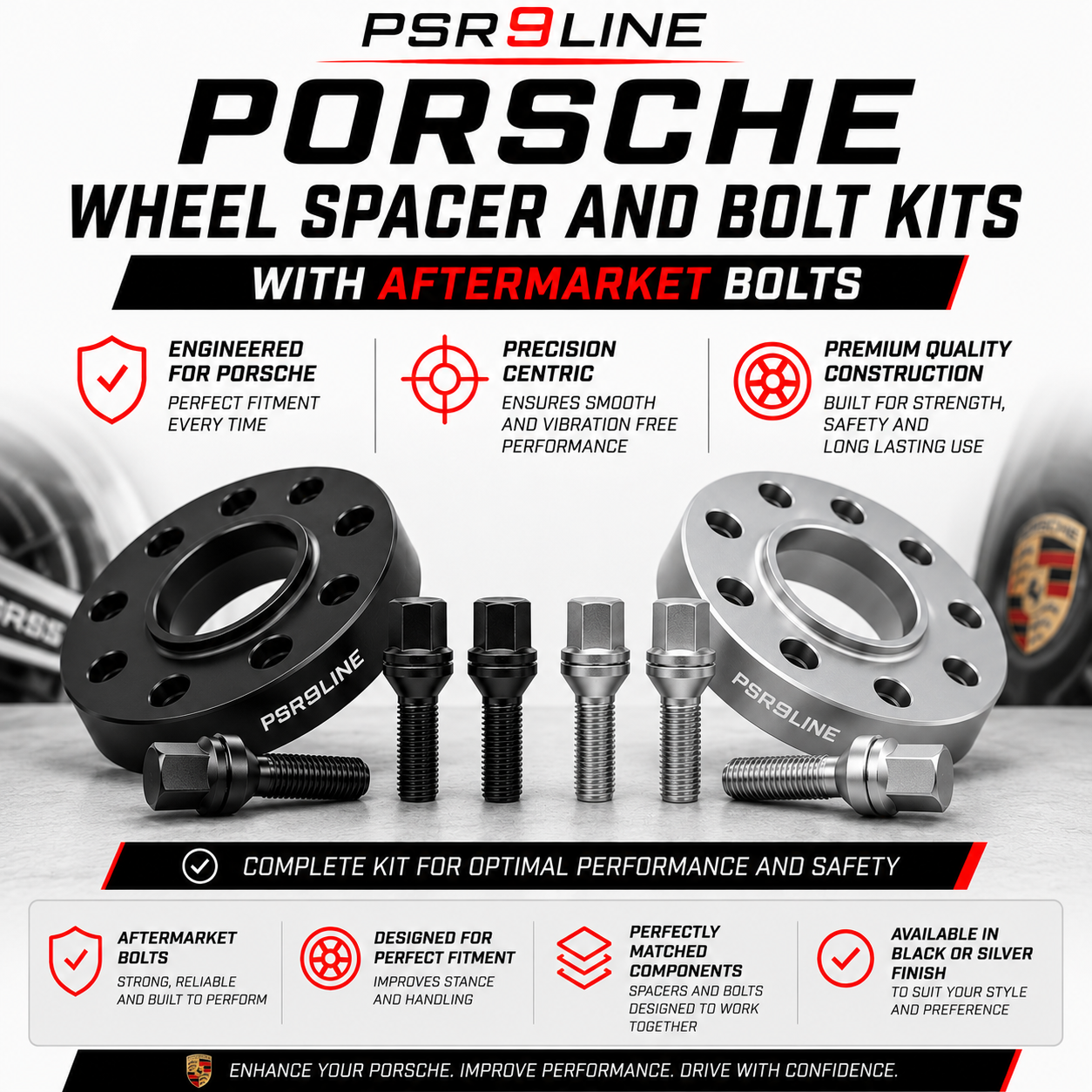 2 Porsche Wheel Spacers + Extended Aftermarket Bolts 7mm / 10mm / 15mm / 20mm Kits Silver or Black 5x130 PSR9Line