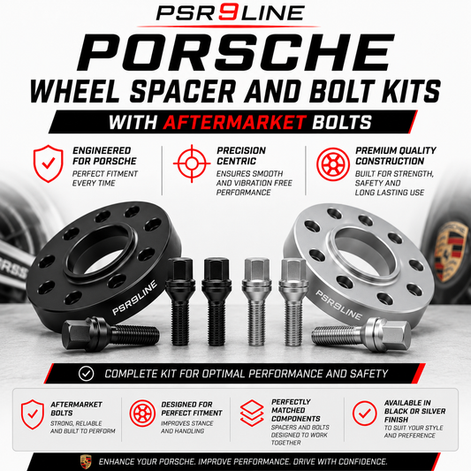 2 Porsche Wheel Spacers + Extended Aftermarket Bolts 7mm / 10mm / 15mm / 20mm Kits Silver or Black 5x130 PSR9Line