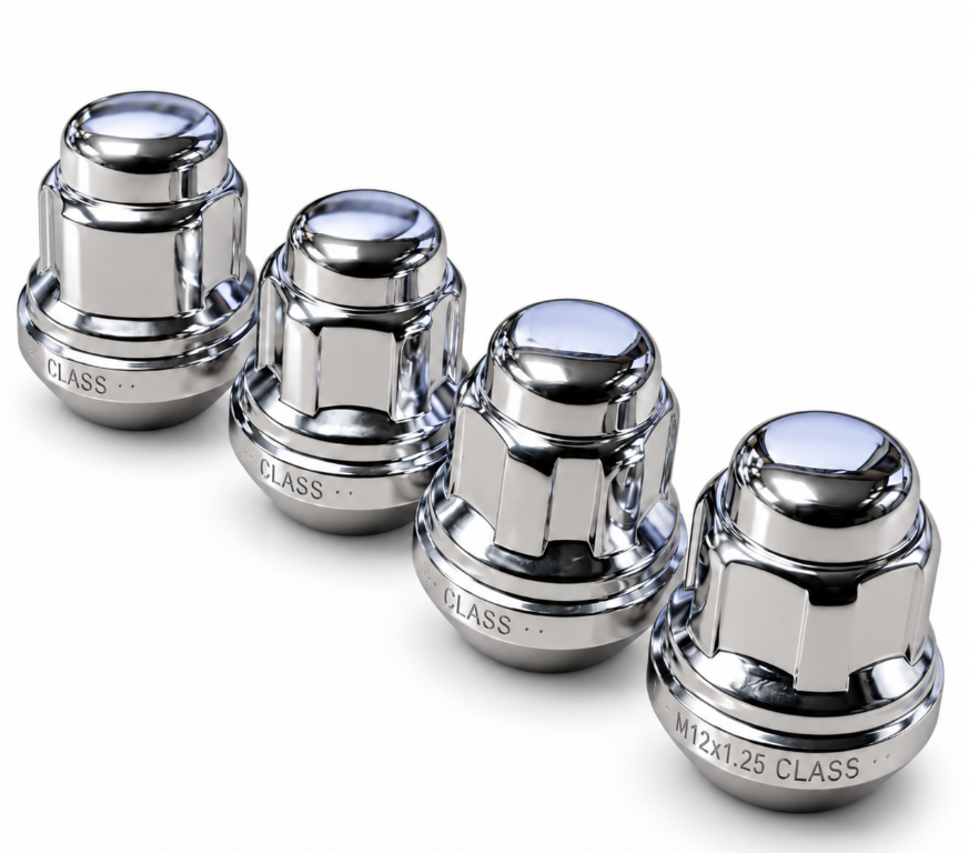 Four MID Maruka chrome wheel nuts showing closed ends, hex profiles and M12x1.25 markings