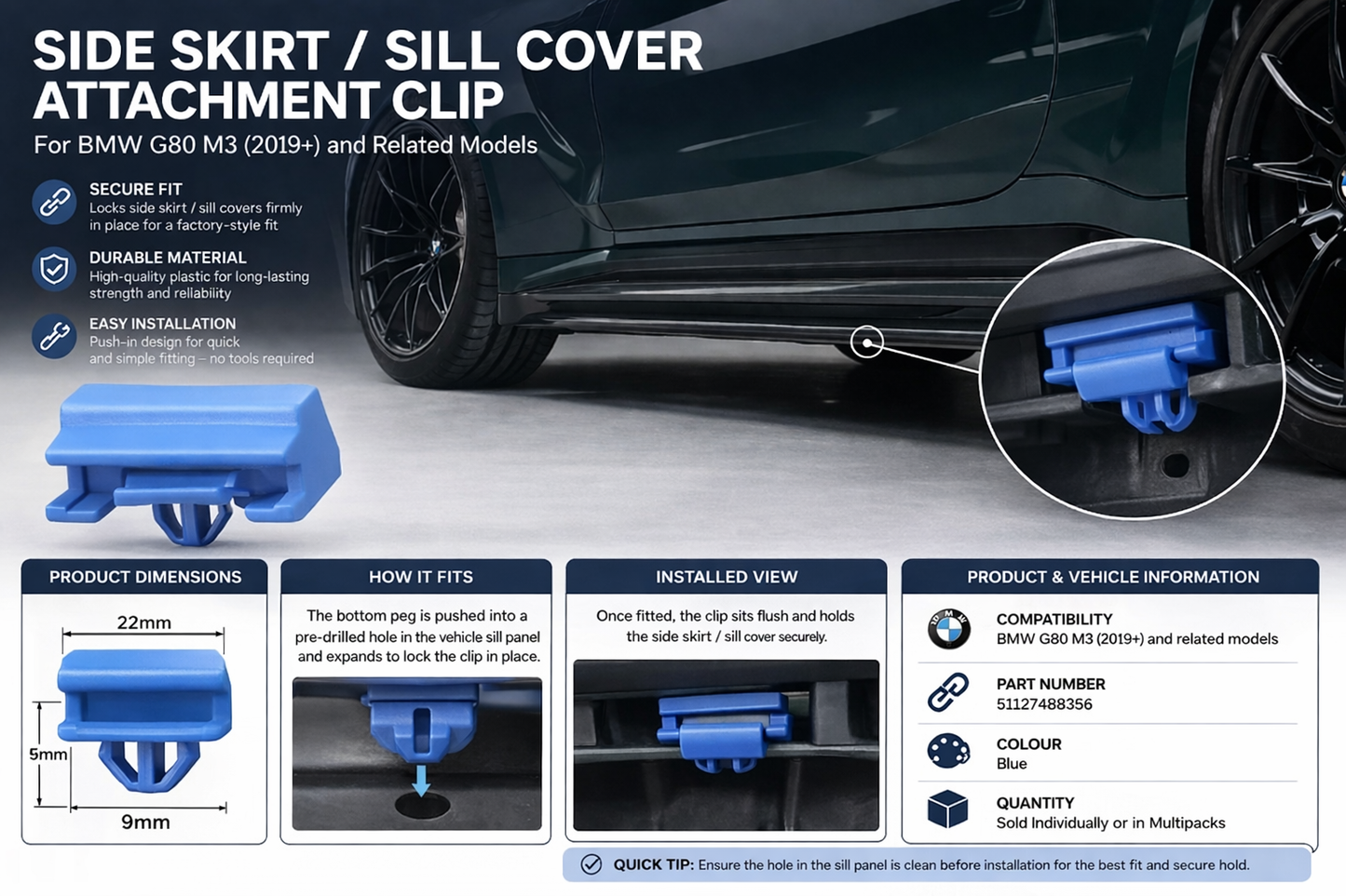 BMW Side Skirt Sill Trim Retainer Clip - Blue Plastic Mounting Clip