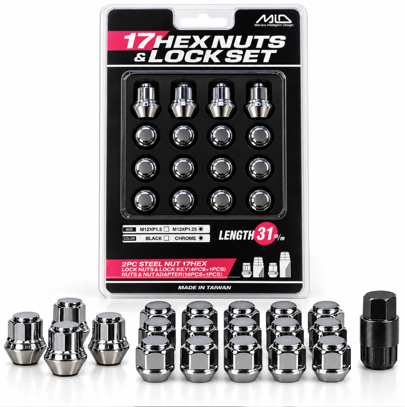 MID Maruka 17HEX M12x1.25 chrome wheel nuts and locking set with retail packaging M12 x 1.25 JDM