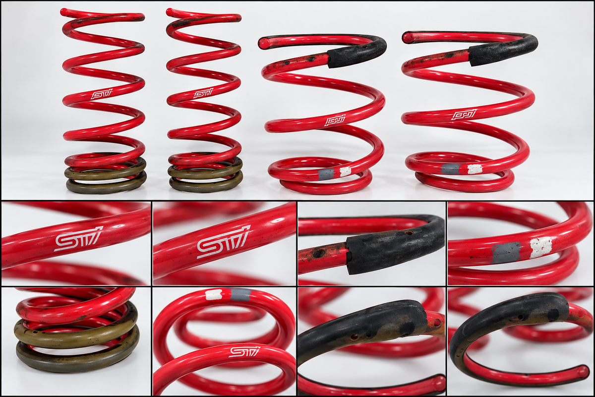 STI Subaru Impreza GH lowering springs complete set of four, studio overview and close-up views showing used condition and protective sleeves