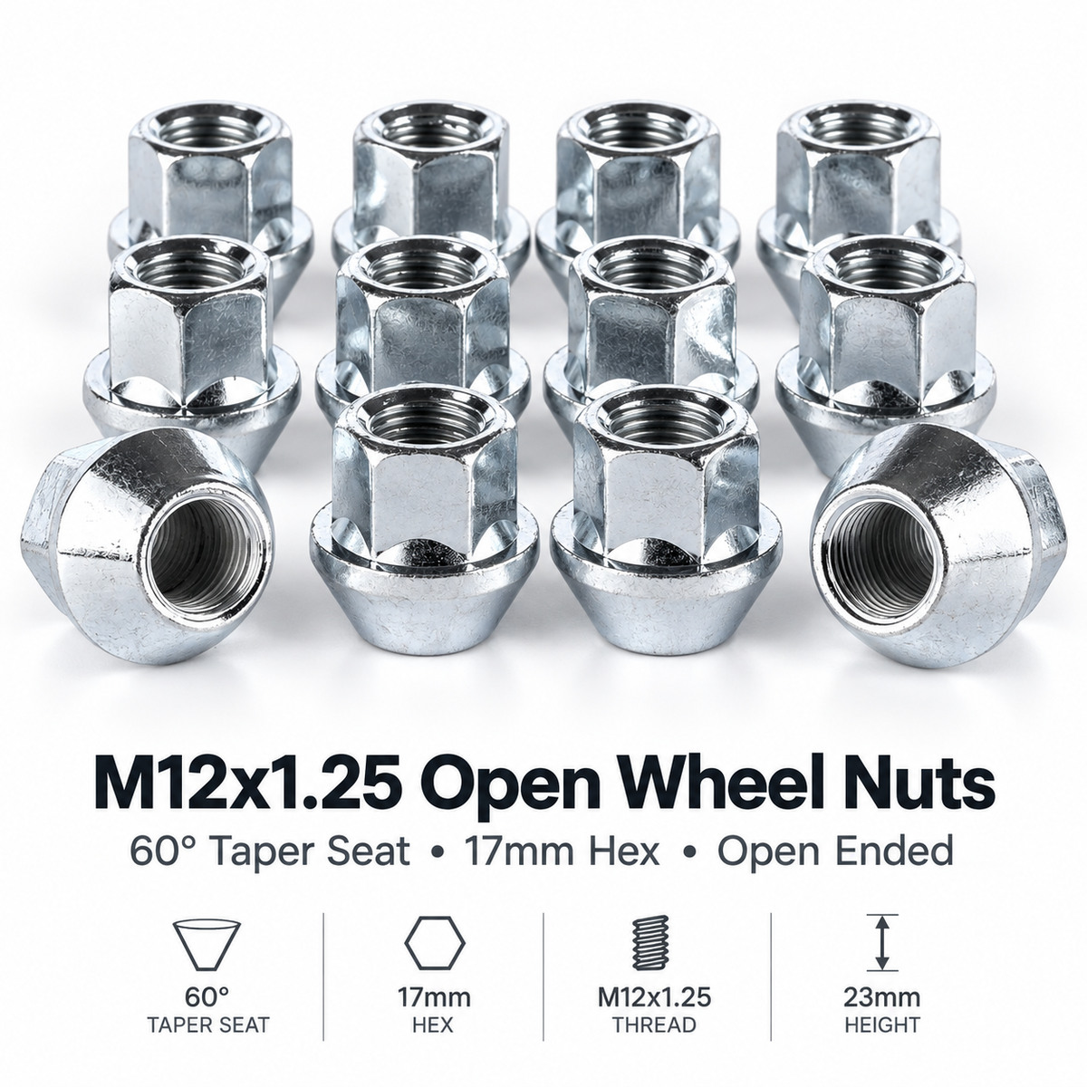 M12x1.25 open wheel nuts - 60 degree taper, 17mm hex, 23mm height