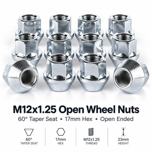 M12x1.25 open wheel nuts - 60 degree taper, 17mm hex, 23mm height