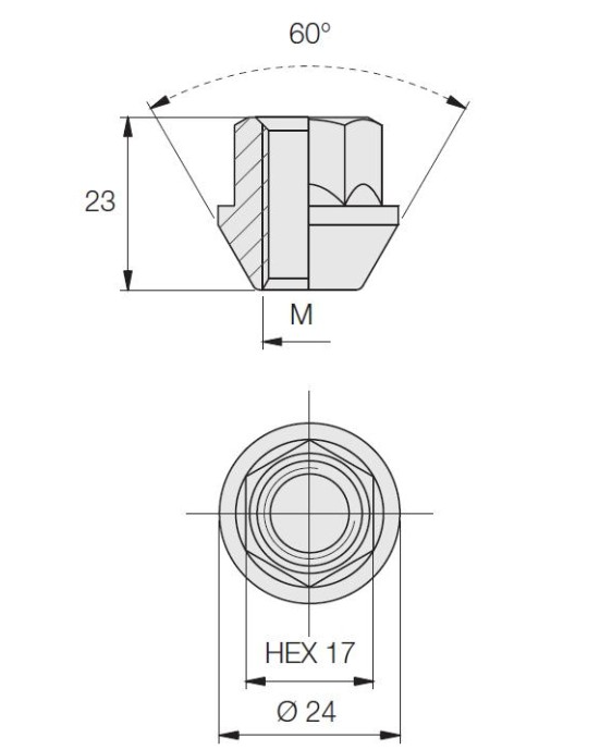 M12x1.25 wheel nut dimensions - 60 degree taper, 17mm hex, 23mm height, 24mm diameter