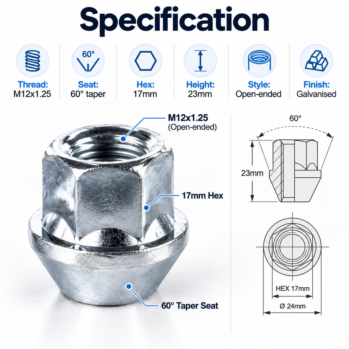 M12x1.25 wheel nut specification - 60 degree taper seat, 17mm hex