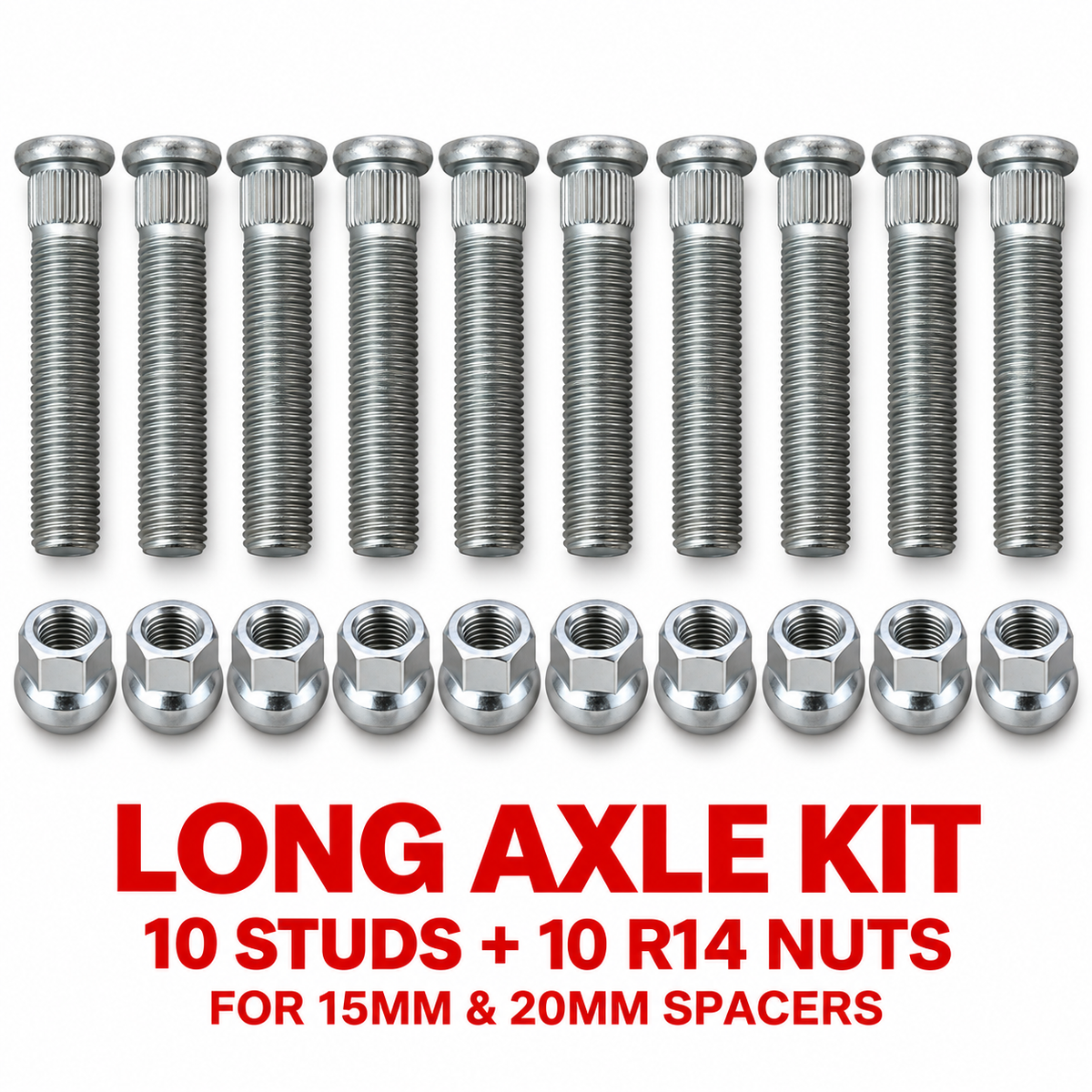 Long Axle Kit – 10 Push-Fit Studs + 10 R14 Nuts for 15mm and 20mm spacers