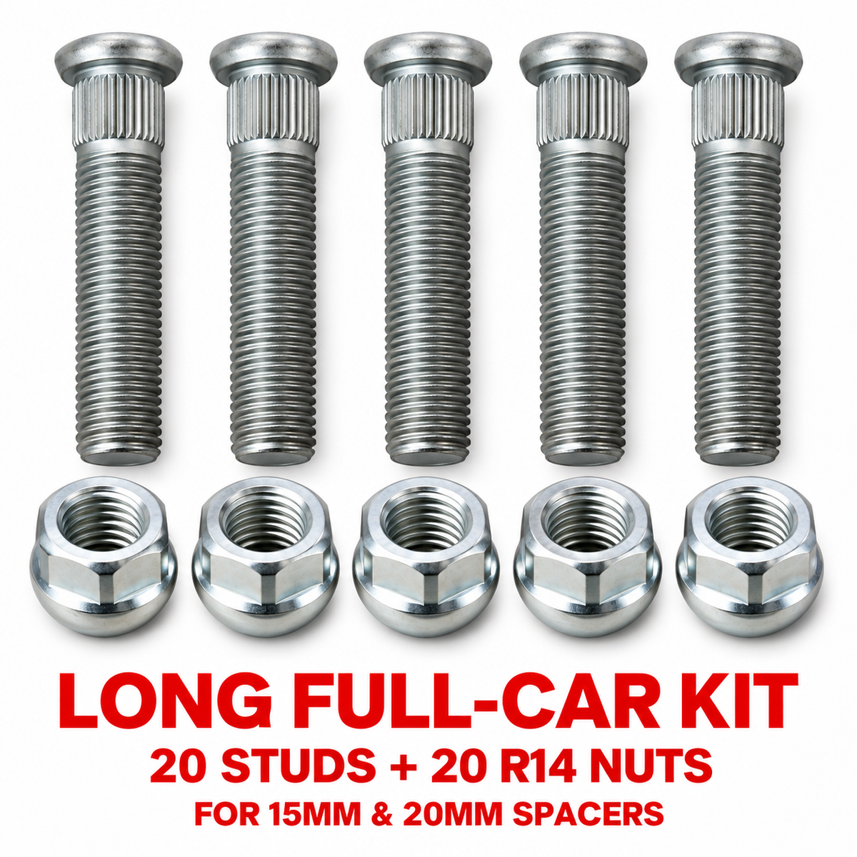 Long Full-Car Kit – 20 Push-Fit Studs + 20 R14 Nuts for 15mm and 20mm spacers