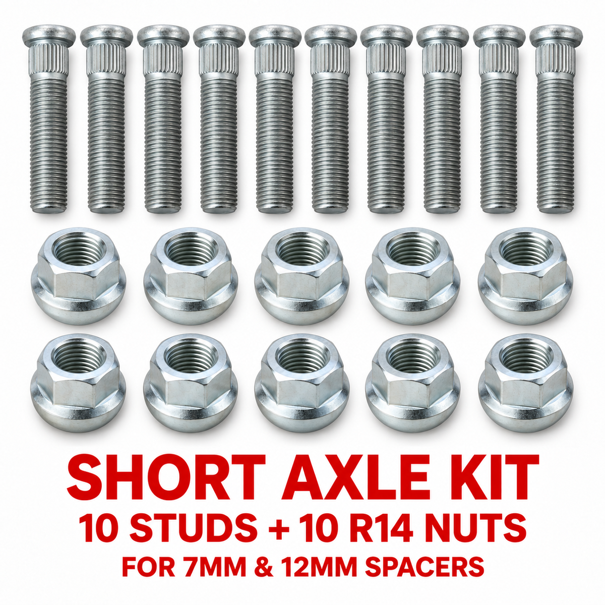 Short Axle Kit – 10 Push-Fit Studs + 10 R14 Nuts for 7mm and 12mm spacers