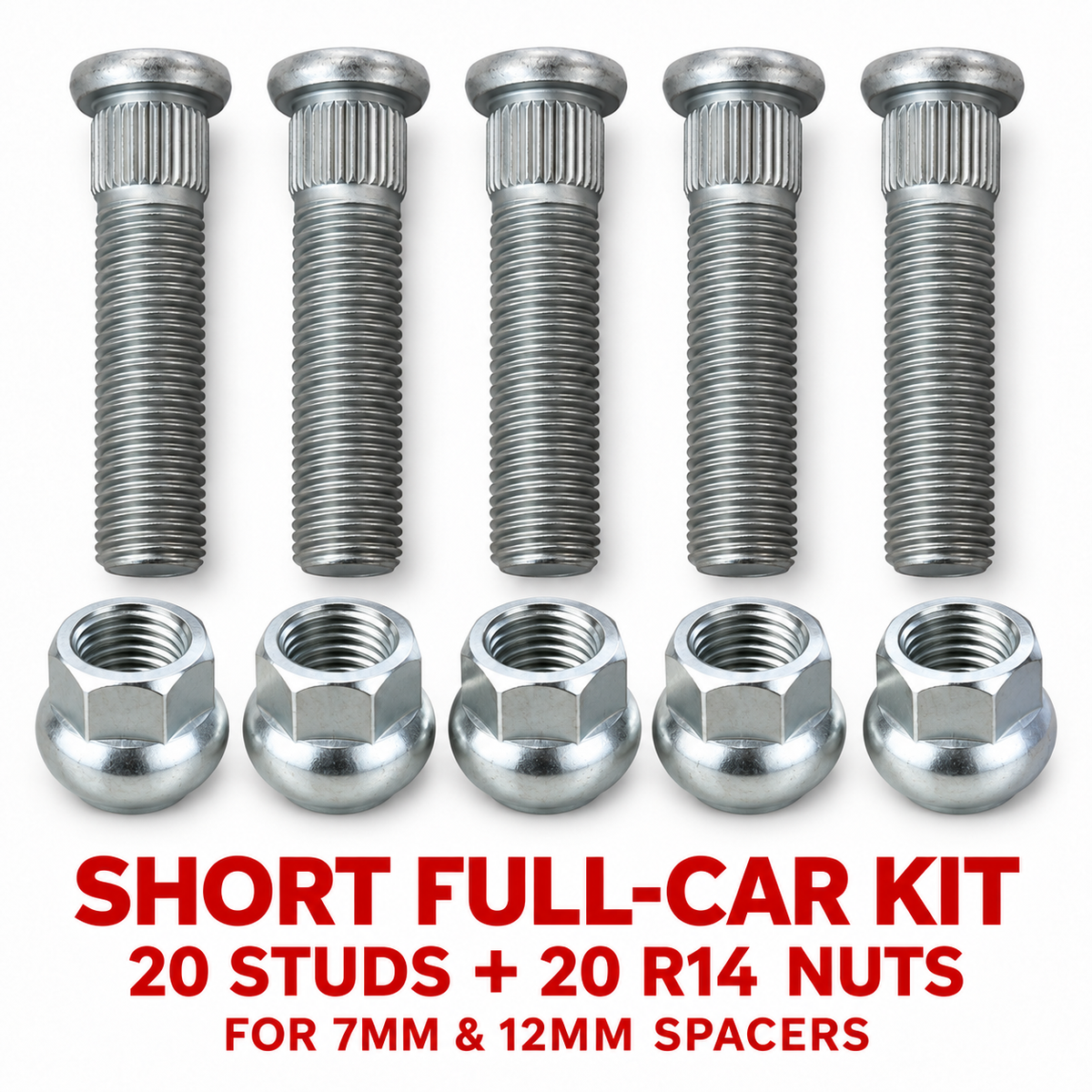 Short Full-Car Kit – 20 Push-Fit Studs + 20 R14 Nuts for 7mm and 12mm spacers