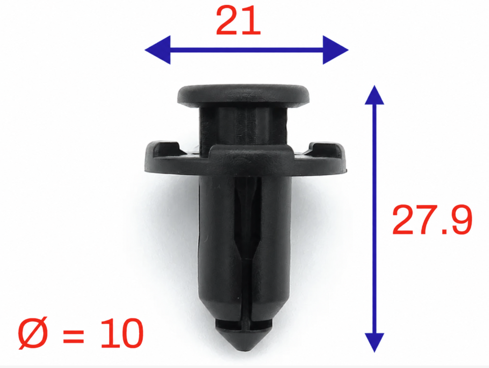 Subaru 909140007 trim clip dimensions 10mm hole 21mm head 27.9mm height